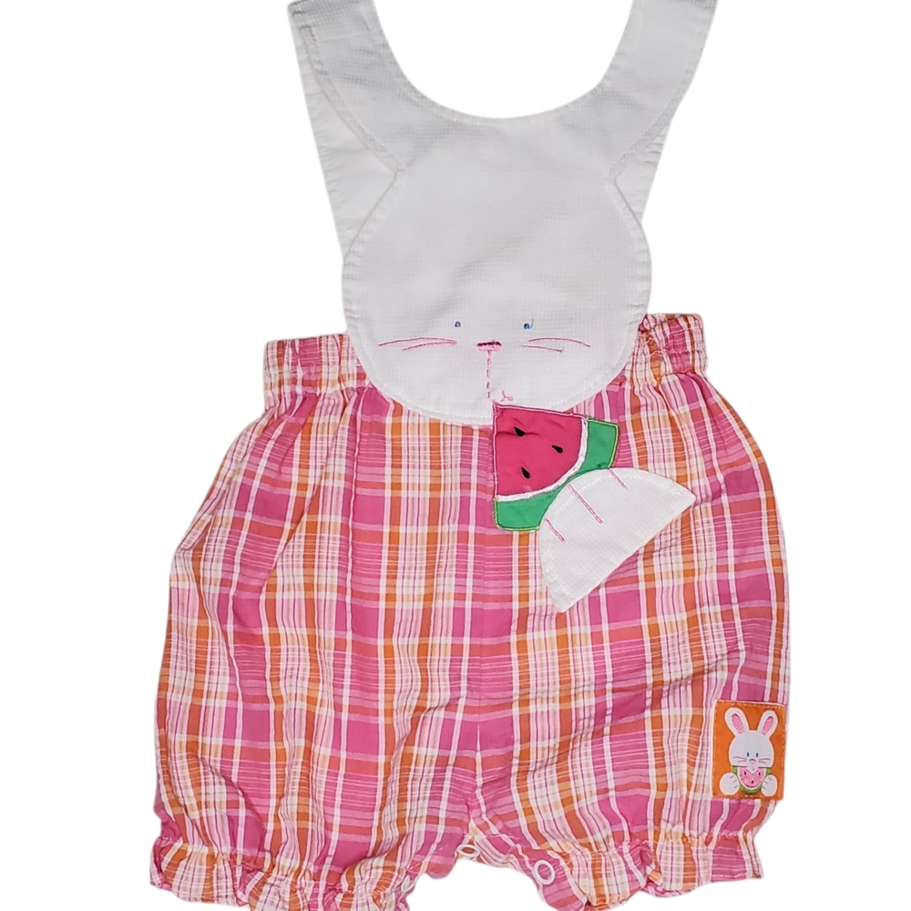 Vintage Overalls Bubble Romper Pink Plaid Bunny Baby Girls 12 Months